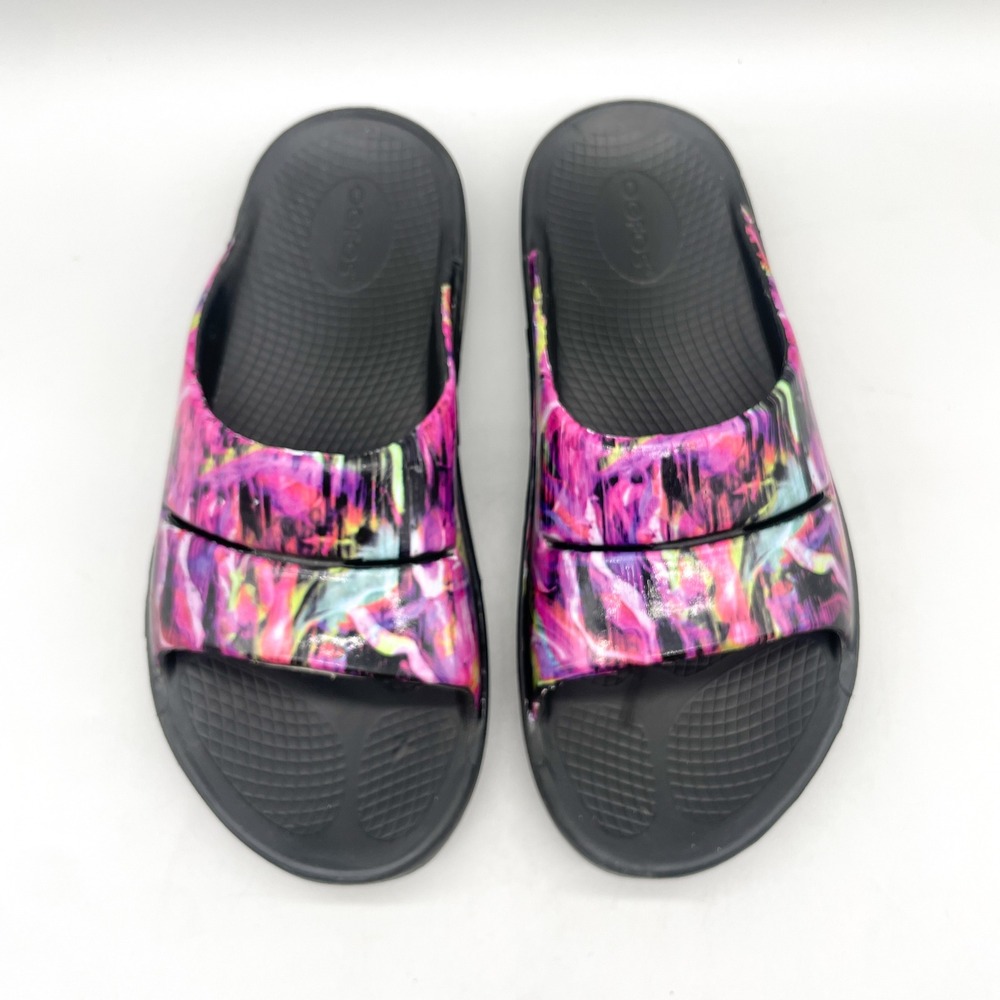 OOFOS Womens 9 OOahh Sport Recovery Slide Sandals Black Pink Nebula Yoga Comfort